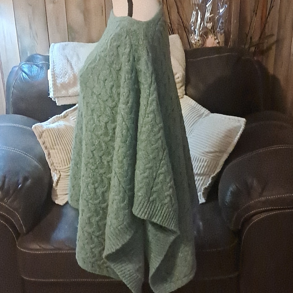 J Jill Women Poncho Bohemian Peasant Asymmetrical Knit Sweater Cape Wrap Green - Picture 6 of 9
